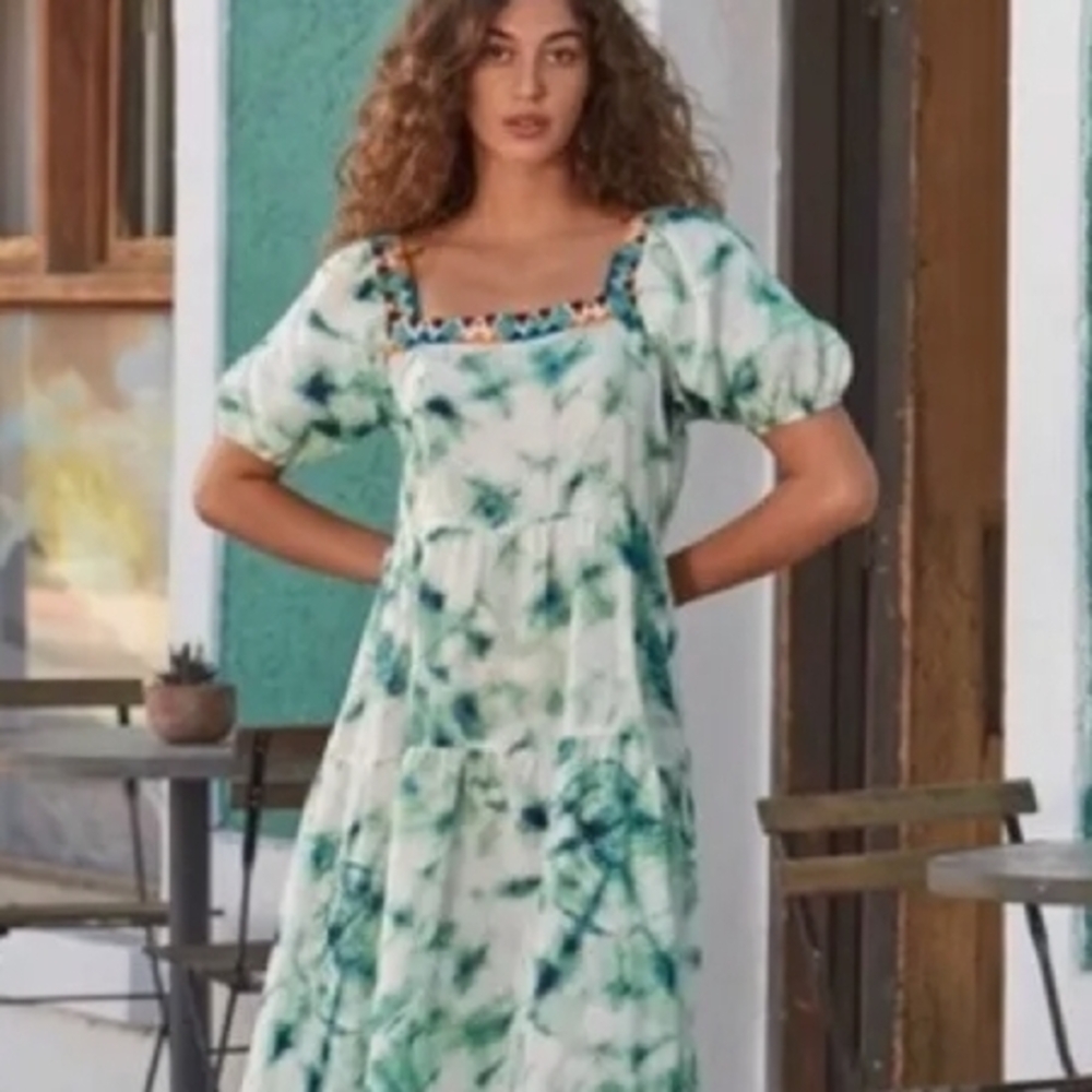 Johnny Was workshop jade marble puff sleeves dress